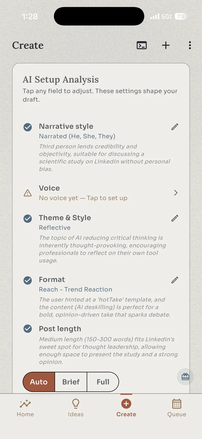 Rhythm's AI Setup — narrative style, voice, theme, format and length